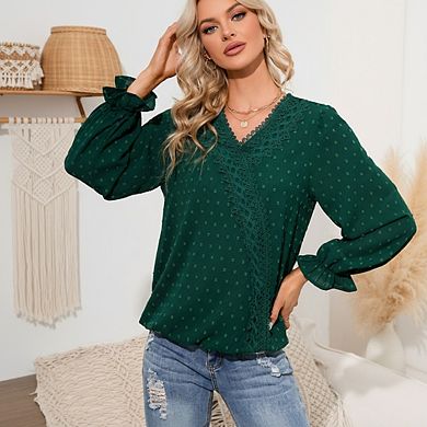 Women's Long Sleeve Blouses Swiss Dot Loose Fit Casual Shirts