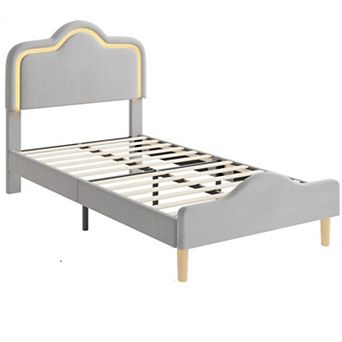 Twin/Full/Queen Size Velvet Princess LED Bed Frame, Headboard & Footboard, Wooden Slats Support