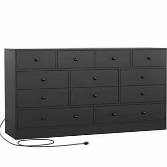 12 Drawer Dresser with Power Outlet, 61" Wide Wood Chest of Drawers with 2 AC Outlets & 2 USB Ports