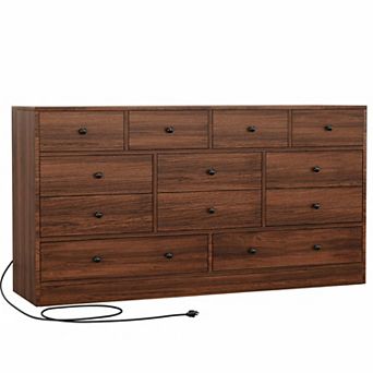 12 Drawer Dresser with Power Outlet, 61" Wide Wood Chest of Drawers with 2 AC Outlets & 2 USB Ports