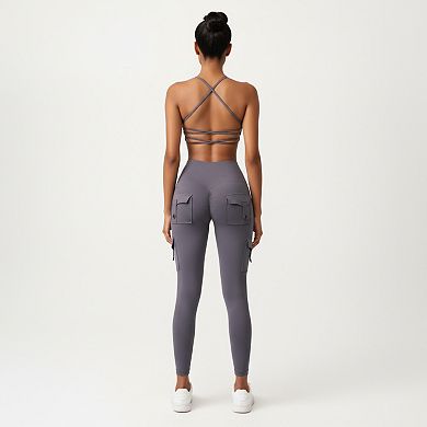 Women's Strappy Back Sports Bra with Scoop Neckline and Stretch Knit Fabric