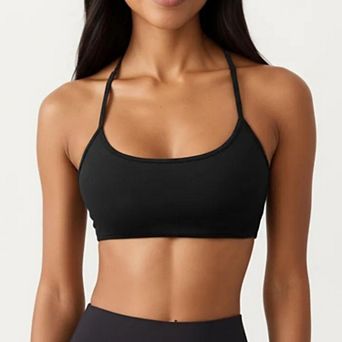 Women's Strappy Back Sports Bra with Scoop Neckline and Stretch Knit Fabric