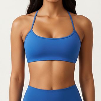 Women's Strappy Back Sports Bra with Scoop Neckline and Stretch Knit Fabric