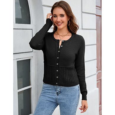 Women Cropped Cardigan Sweaters Crew Neck Button Up Knit Coat