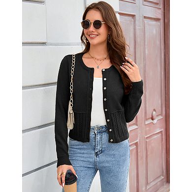 Women Cropped Cardigan Sweaters Crew Neck Button Up Knit Coat