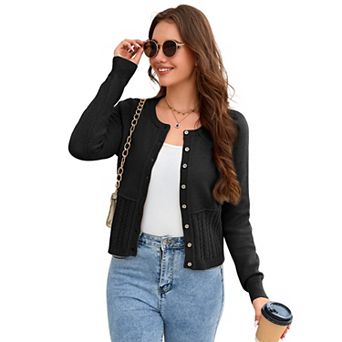 Women Cropped Cardigan Sweaters Crew Neck Button Up Knit Coat
