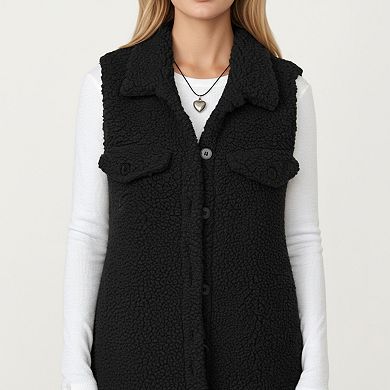 Women's Faux Shearling Button Front Vest with Collared Neckline Chest Flap Pockets and Longline Fit