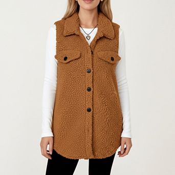 Women's Faux Shearling Button Front Vest with Collared Neckline Chest Flap Pockets and Longline Fit