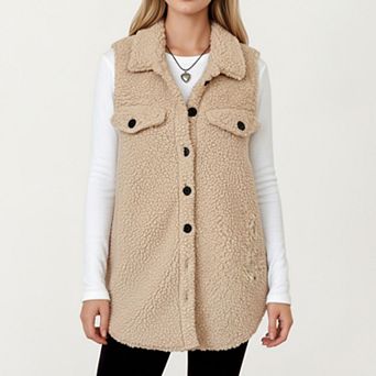 Women's Faux Shearling Button Front Vest with Collared Neckline Chest Flap Pockets and Longline Fit