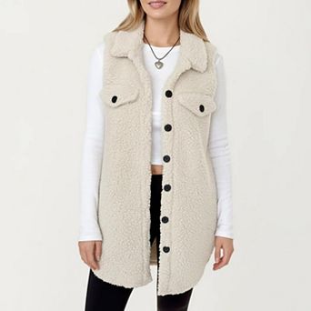 Women's Faux Shearling Button Front Vest with Collared Neckline Chest Flap Pockets and Longline Fit