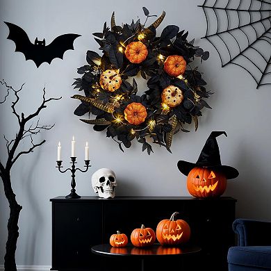 18 in Pre-Lit Halloween Pumpkin Wreaths for Front Door