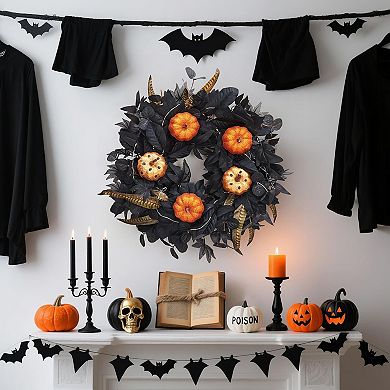 18 in Pre-Lit Halloween Pumpkin Wreaths for Front Door