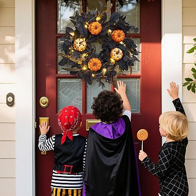 18 in Pre-Lit Halloween Pumpkin Wreaths for Front Door