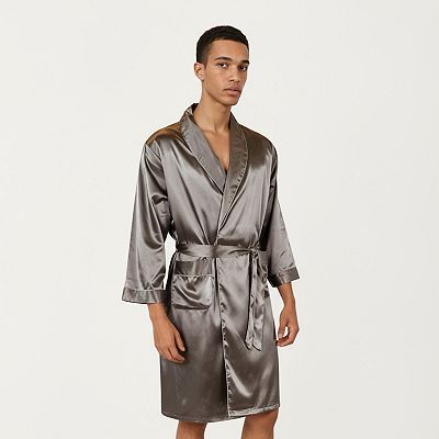Men's Satin Robe with Shawl Collar Waist Tie and Front Pockets