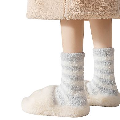 2-Pack Womens Striped Coral Fleece Cozy Crew Socks Soft Plush Thermal Warmth