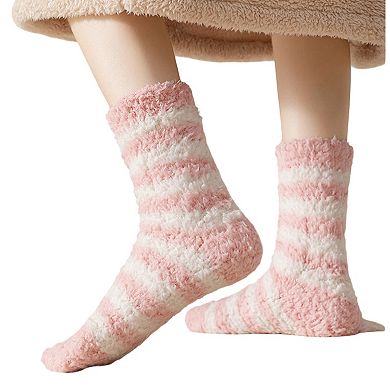 2-Pack Womens Striped Coral Fleece Cozy Crew Socks Soft Plush Thermal Warmth