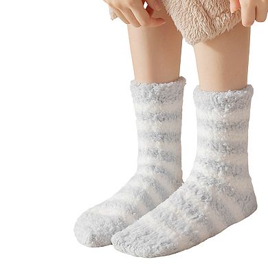 2-Pack Womens Striped Coral Fleece Cozy Crew Socks Soft Plush Thermal Warmth