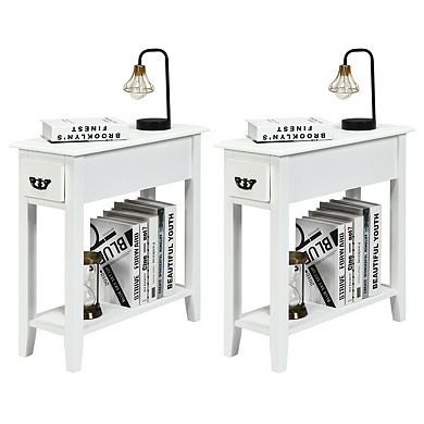 2 Pieces 2 Tier Sofa Side End Table with Drawer and Open Shelf