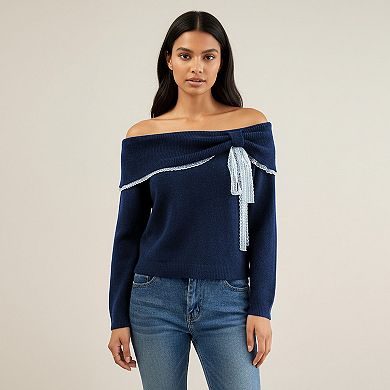 Womens Off Shoulder Knit Top with Lace Trim and Long Sleeves
