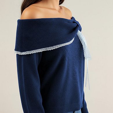 Womens Off Shoulder Knit Top with Lace Trim and Long Sleeves