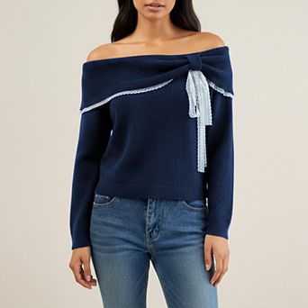 Womens Off Shoulder Knit Top with Lace Trim and Long Sleeves