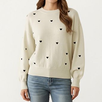 Women's Long Sleeve Heart Pattern Knit Sweater with Ribbed Trim