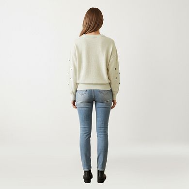 Women's Long Sleeve Heart Pattern Knit Sweater with Ribbed Trim