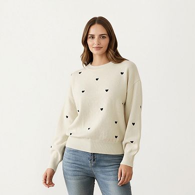 Women's Long Sleeve Heart Pattern Knit Sweater with Ribbed Trim