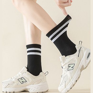 Women's 4-Pack Sporty Crew Socks with Double White Stripes Moisture-Wicking Ribbed Design-