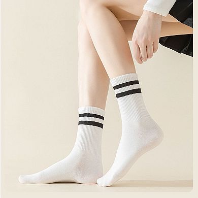Women's 4-Pack Sporty Crew Socks with Double White Stripes Moisture-Wicking Ribbed Design-