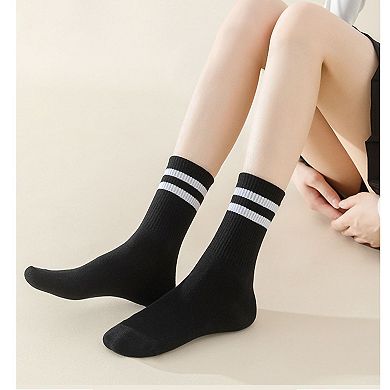 Women's 4-Pack Sporty Crew Socks with Double White Stripes Moisture-Wicking Ribbed Design-