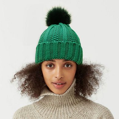 Women's Soft Knit Winter Beanie Hat with Satin-Lined Interior Ribbed Texture and Fluffy Pom Detail