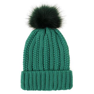 Women's Soft Knit Winter Beanie Hat with Satin-Lined Interior Ribbed Texture and Fluffy Pom Detail