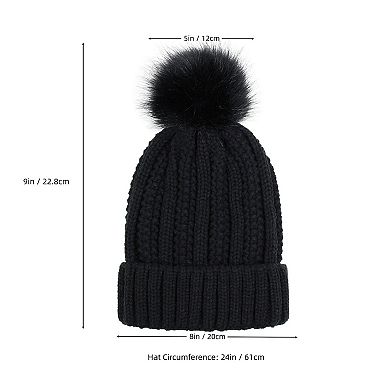 Women's Soft Knit Winter Beanie Hat with Satin-Lined Interior Ribbed Texture and Fluffy Pom Detail
