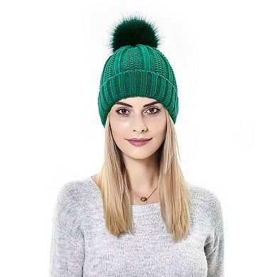 Women's Soft Knit Winter Beanie Hat with Satin-Lined Interior Ribbed Texture and Fluffy Pom Detail
