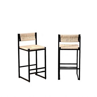 Paper Rope Bar Stools Set of 2, Handwoven Seat & Metal Frame