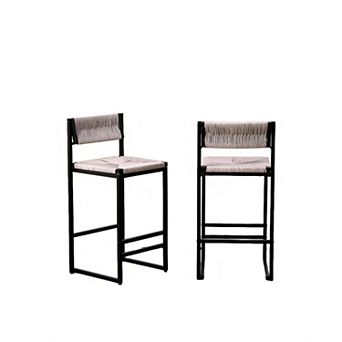 Paper Rope Bar Stools Set of 2, Handwoven Seat & Metal Frame