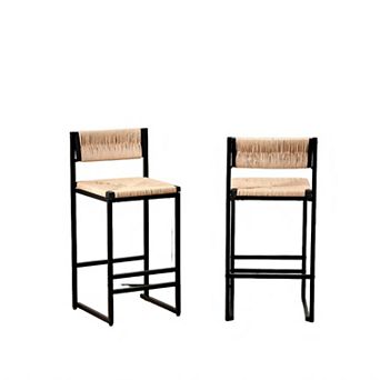 Paper Rope Bar Stools Set of 2, Handwoven Seat & Metal Frame