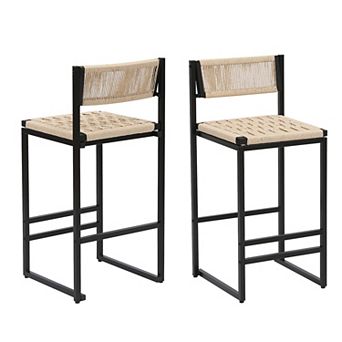 Paper Rope Bar Stools Set of 2, Handwoven Seat & Metal Frame
