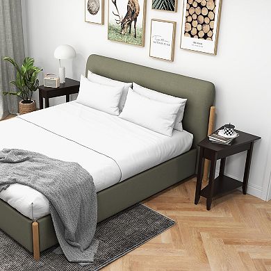 2-Tier Wedge Narrow End Table with Storage Shelf and Solid Wood Legs