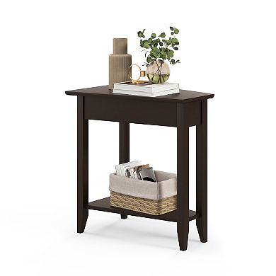 2-Tier Wedge Narrow End Table with Storage Shelf and Solid Wood Legs