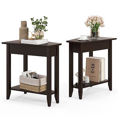 2-Tier Wedge Narrow End Table with Storage Shelf and Solid Wood Legs