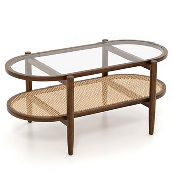2 tier Coffee Table with Tempered Glass Tabletop and Acacia Wood Frame