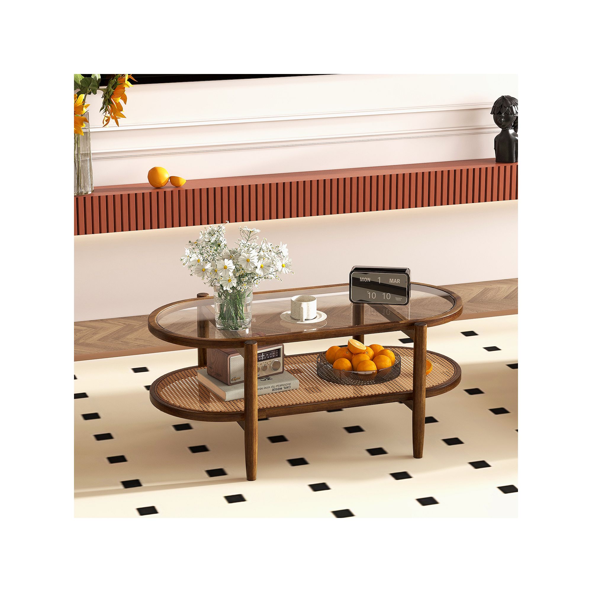 2-tier oval coffee table with tempered glass top and acacia wood frame