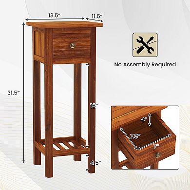 2 Tier Slim Nightstand Bedside Table with Drawer Shelf