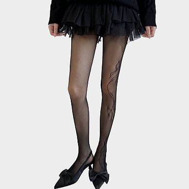 Women's Sheer Bow Line Pattern Tights with Stretch Mesh Delicate Ribbon Artwork and Knit Finish