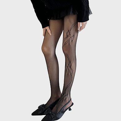 Women's Sheer Bow Line Pattern Tights with Stretch Mesh Delicate Ribbon Artwork and Knit Finish