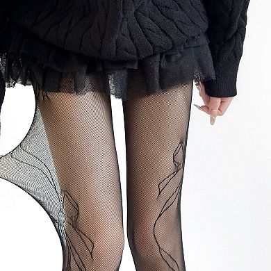 Women's Sheer Bow Line Pattern Tights with Stretch Mesh Delicate Ribbon Artwork and Knit Finish