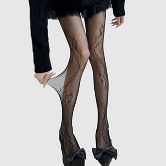 Women's Sheer Bow Line Pattern Tights with Stretch Mesh Delicate Ribbon Artwork and Knit Finish