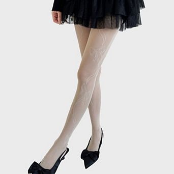 Women's Sheer Bow Line Pattern Tights with Stretch Mesh Delicate Ribbon Artwork and Knit Finish